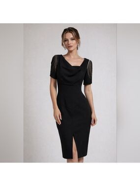 Black Halo Black Midi Dress with Chain Shoulder Detail